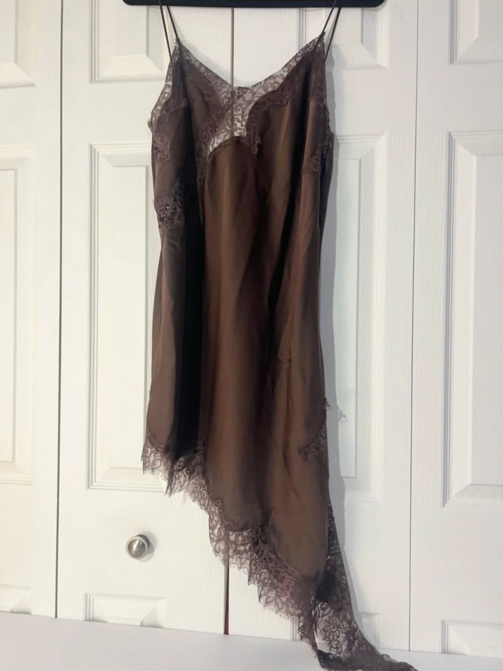ZARA Satin Effect Chocolate Brown Lace Trim Asymmetric Slip Dress NWT - Picture 16 of 16